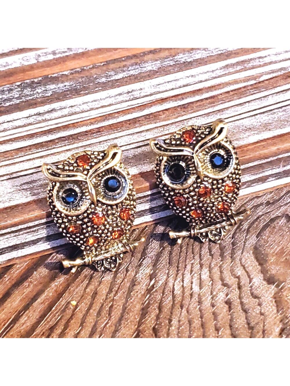 Thinking Owl Bronze Vintage 90s Y2K New Crystal Stud Earrings Amber Orange